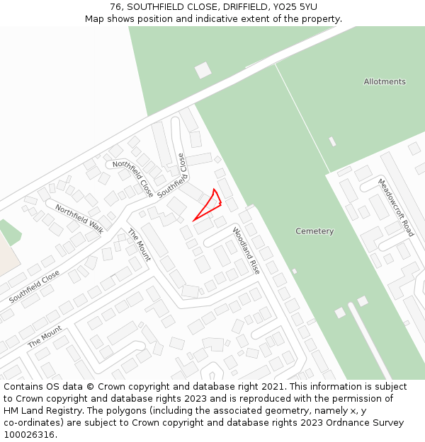 76, SOUTHFIELD CLOSE, DRIFFIELD, YO25 5YU: Location map and indicative extent of plot