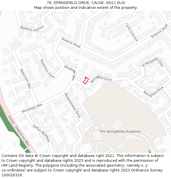 76, SPRINGFIELD DRIVE, CALNE, SN11 0UG: Location map and indicative extent of plot