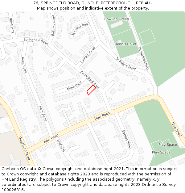76, SPRINGFIELD ROAD, OUNDLE, PETERBOROUGH, PE8 4LU: Location map and indicative extent of plot