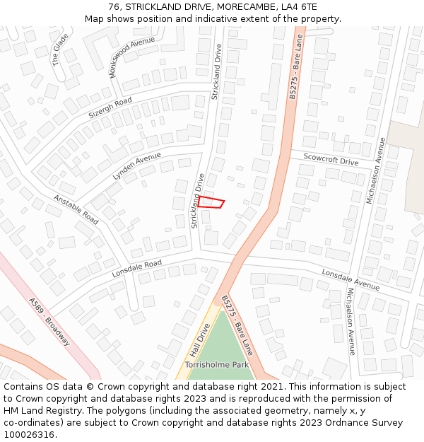 76, STRICKLAND DRIVE, MORECAMBE, LA4 6TE: Location map and indicative extent of plot