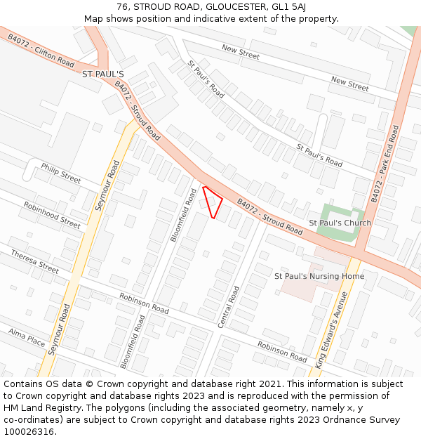 76, STROUD ROAD, GLOUCESTER, GL1 5AJ: Location map and indicative extent of plot