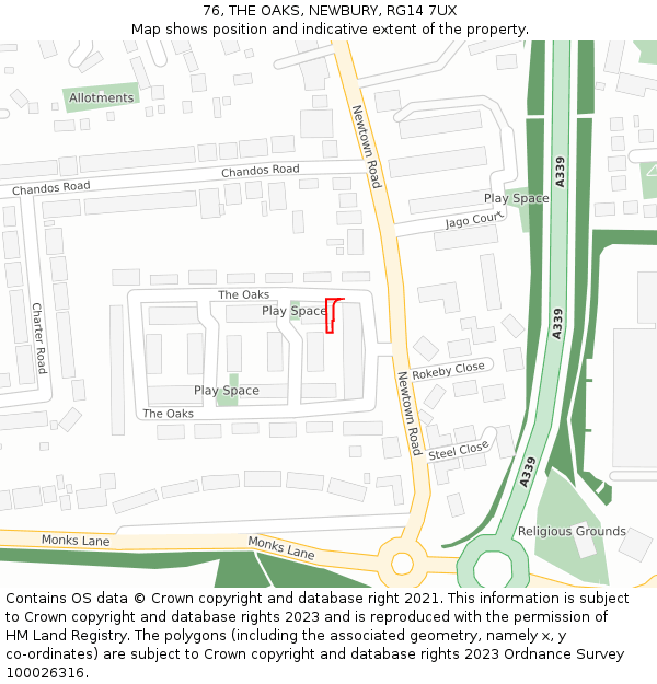 76, THE OAKS, NEWBURY, RG14 7UX: Location map and indicative extent of plot