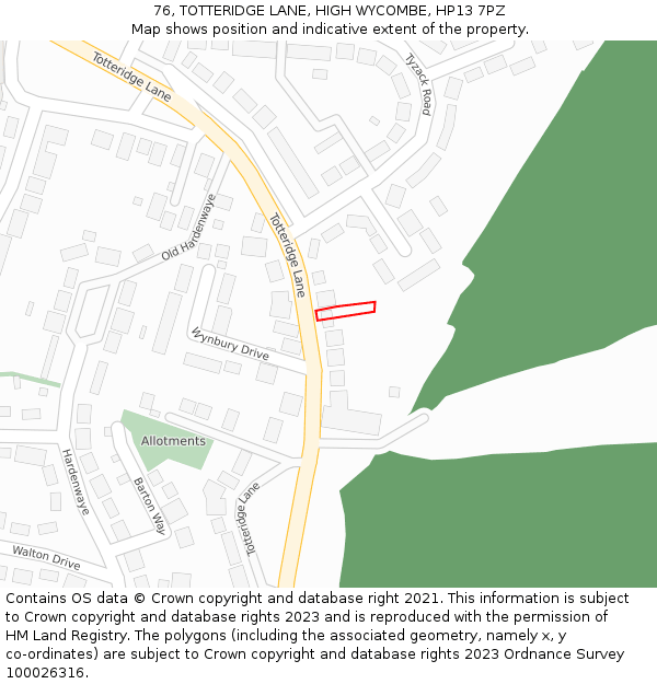 76, TOTTERIDGE LANE, HIGH WYCOMBE, HP13 7PZ: Location map and indicative extent of plot