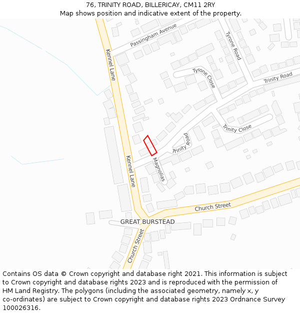 76, TRINITY ROAD, BILLERICAY, CM11 2RY: Location map and indicative extent of plot