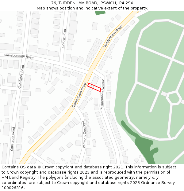 76, TUDDENHAM ROAD, IPSWICH, IP4 2SX: Location map and indicative extent of plot