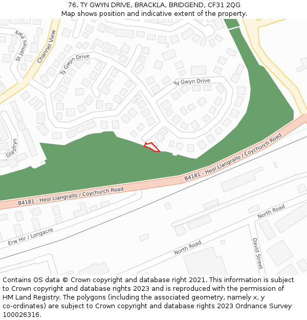 76, TY GWYN DRIVE, BRACKLA, BRIDGEND, CF31 2QG: Location map and indicative extent of plot