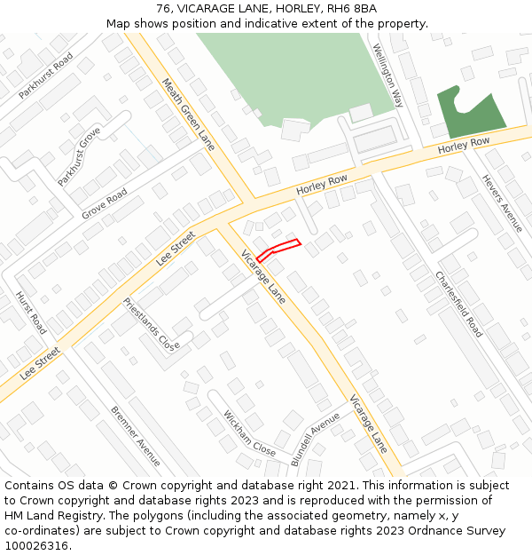76, VICARAGE LANE, HORLEY, RH6 8BA: Location map and indicative extent of plot