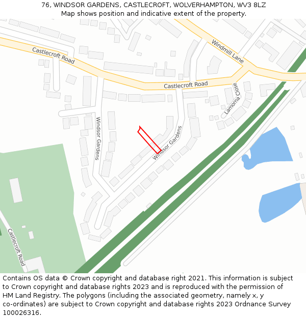 76, WINDSOR GARDENS, CASTLECROFT, WOLVERHAMPTON, WV3 8LZ: Location map and indicative extent of plot