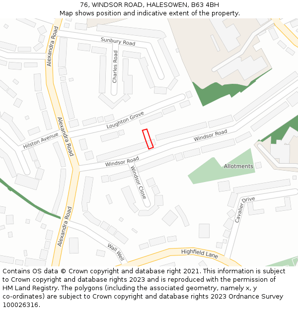 76, WINDSOR ROAD, HALESOWEN, B63 4BH: Location map and indicative extent of plot
