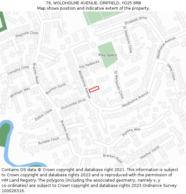 76, WOLDHOLME AVENUE, DRIFFIELD, YO25 6RB: Location map and indicative extent of plot