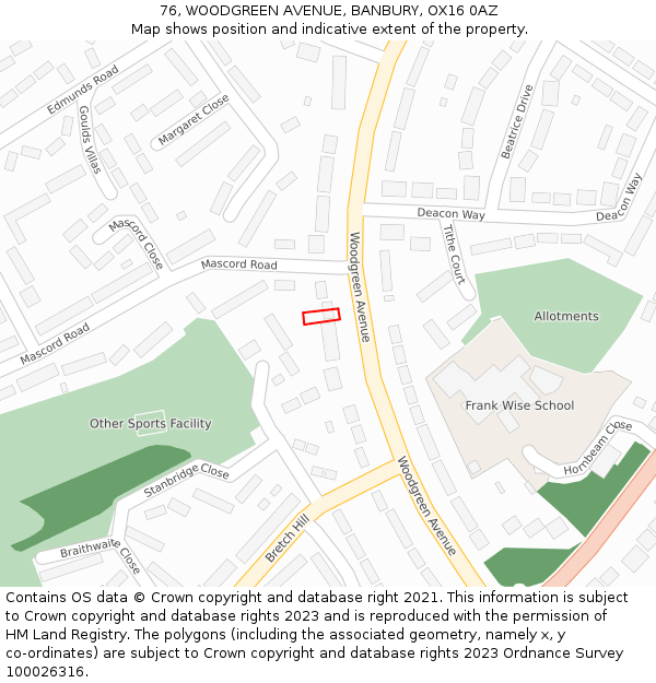 76, WOODGREEN AVENUE, BANBURY, OX16 0AZ: Location map and indicative extent of plot