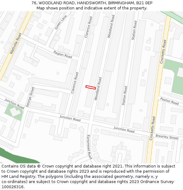 76, WOODLAND ROAD, HANDSWORTH, BIRMINGHAM, B21 0EP: Location map and indicative extent of plot