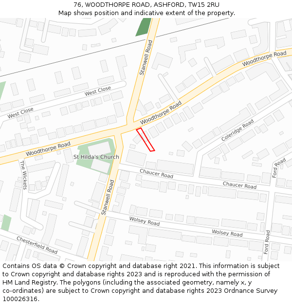 76, WOODTHORPE ROAD, ASHFORD, TW15 2RU: Location map and indicative extent of plot