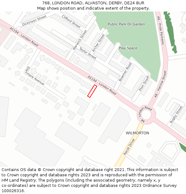 768, LONDON ROAD, ALVASTON, DERBY, DE24 8UR: Location map and indicative extent of plot
