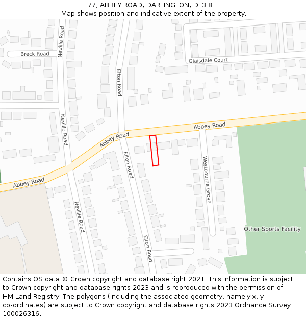 77, ABBEY ROAD, DARLINGTON, DL3 8LT: Location map and indicative extent of plot