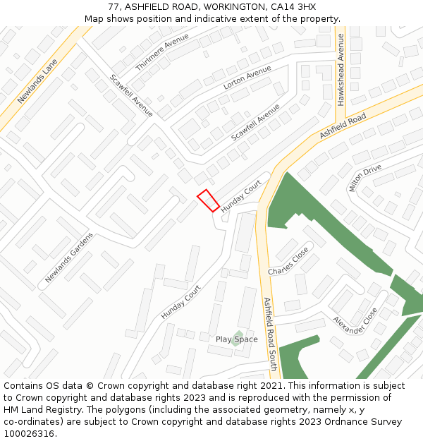 77, ASHFIELD ROAD, WORKINGTON, CA14 3HX: Location map and indicative extent of plot