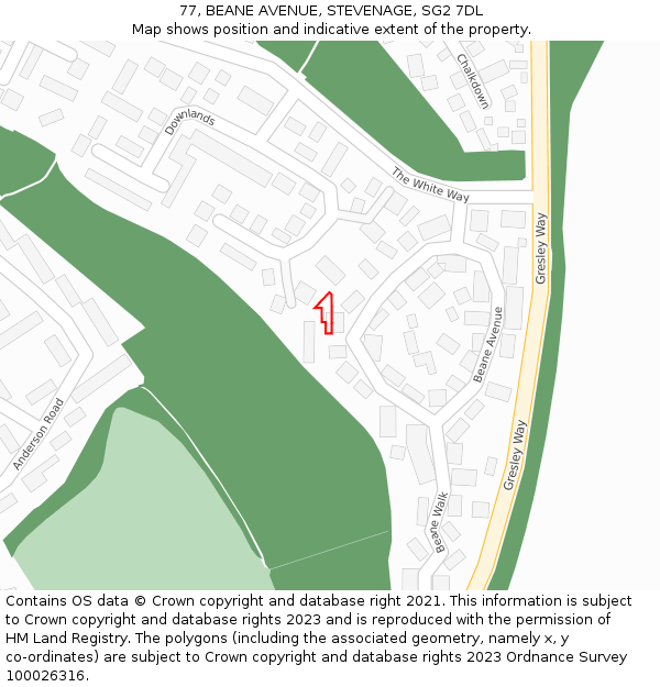 77, BEANE AVENUE, STEVENAGE, SG2 7DL: Location map and indicative extent of plot