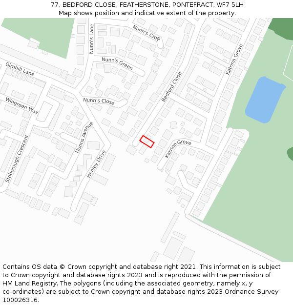 77, BEDFORD CLOSE, FEATHERSTONE, PONTEFRACT, WF7 5LH: Location map and indicative extent of plot