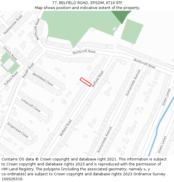 77, BELFIELD ROAD, EPSOM, KT19 9TF: Location map and indicative extent of plot