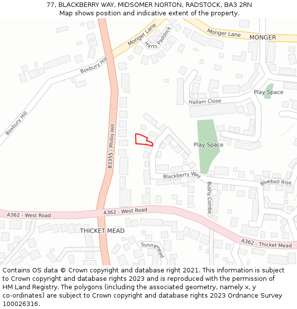 77, BLACKBERRY WAY, MIDSOMER NORTON, RADSTOCK, BA3 2RN: Location map and indicative extent of plot