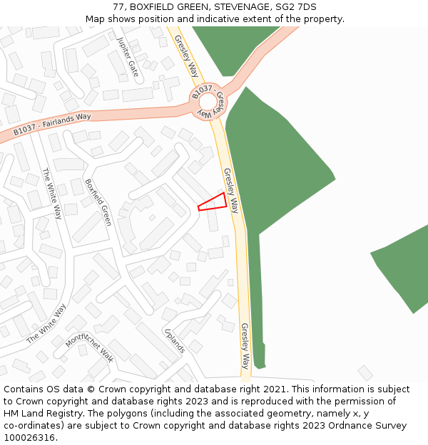 77, BOXFIELD GREEN, STEVENAGE, SG2 7DS: Location map and indicative extent of plot