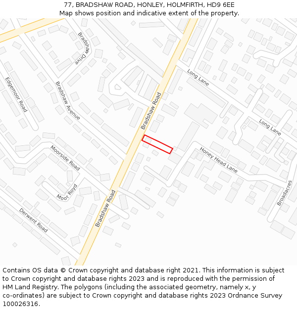 77, BRADSHAW ROAD, HONLEY, HOLMFIRTH, HD9 6EE: Location map and indicative extent of plot