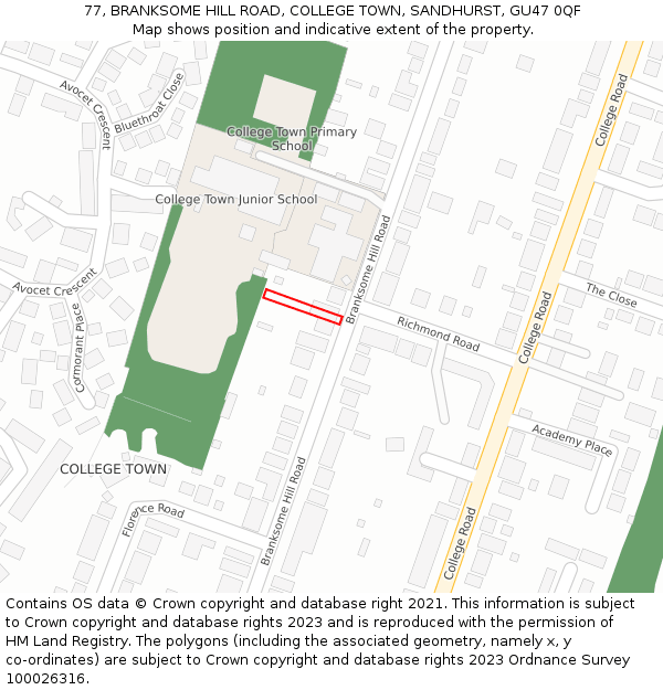 77, BRANKSOME HILL ROAD, COLLEGE TOWN, SANDHURST, GU47 0QF: Location map and indicative extent of plot