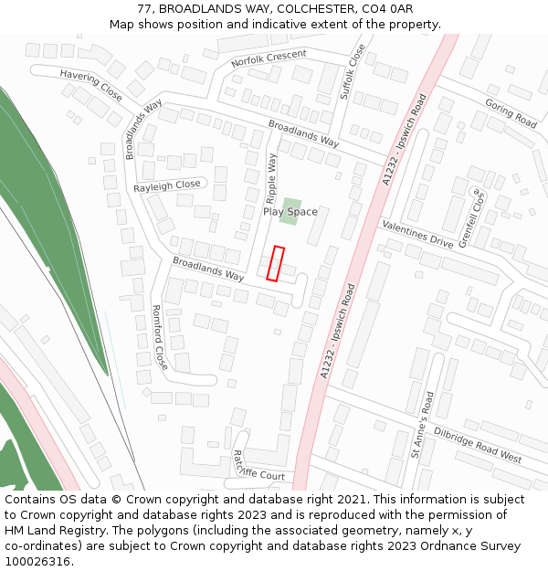 77, BROADLANDS WAY, COLCHESTER, CO4 0AR: Location map and indicative extent of plot
