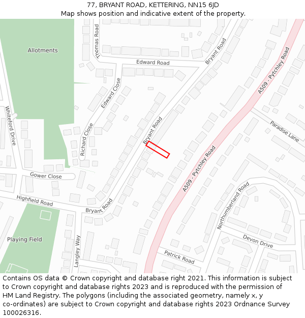 77, BRYANT ROAD, KETTERING, NN15 6JD: Location map and indicative extent of plot