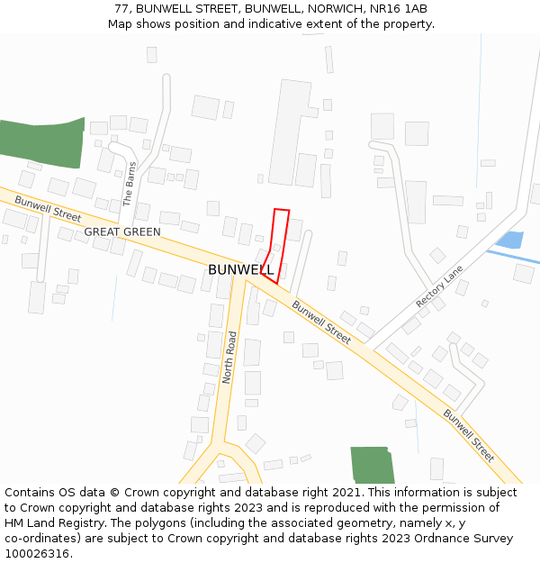 77, BUNWELL STREET, BUNWELL, NORWICH, NR16 1AB: Location map and indicative extent of plot