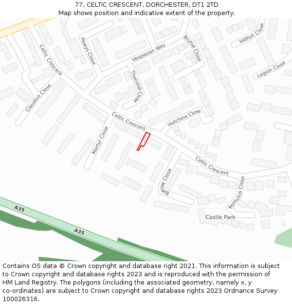 77, CELTIC CRESCENT, DORCHESTER, DT1 2TD: Location map and indicative extent of plot