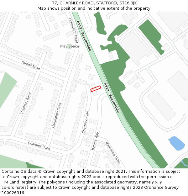 77, CHARNLEY ROAD, STAFFORD, ST16 3JX: Location map and indicative extent of plot