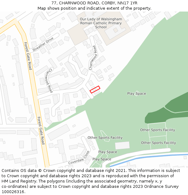 77, CHARNWOOD ROAD, CORBY, NN17 1YR: Location map and indicative extent of plot