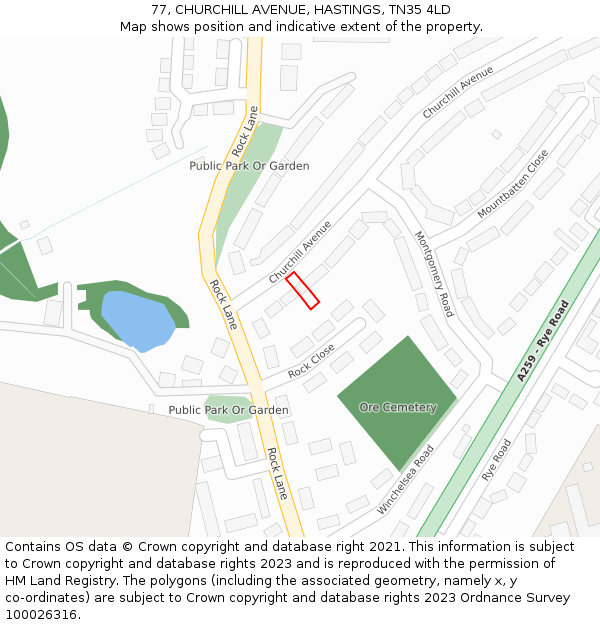 77, CHURCHILL AVENUE, HASTINGS, TN35 4LD: Location map and indicative extent of plot