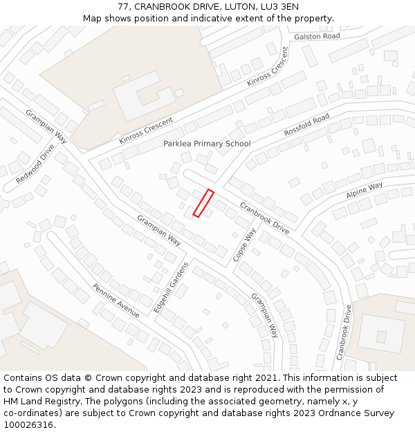 77, CRANBROOK DRIVE, LUTON, LU3 3EN: Location map and indicative extent of plot