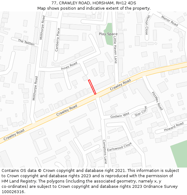 77, CRAWLEY ROAD, HORSHAM, RH12 4DS: Location map and indicative extent of plot