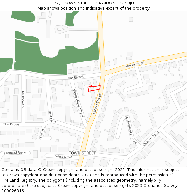 77, CROWN STREET, BRANDON, IP27 0JU: Location map and indicative extent of plot