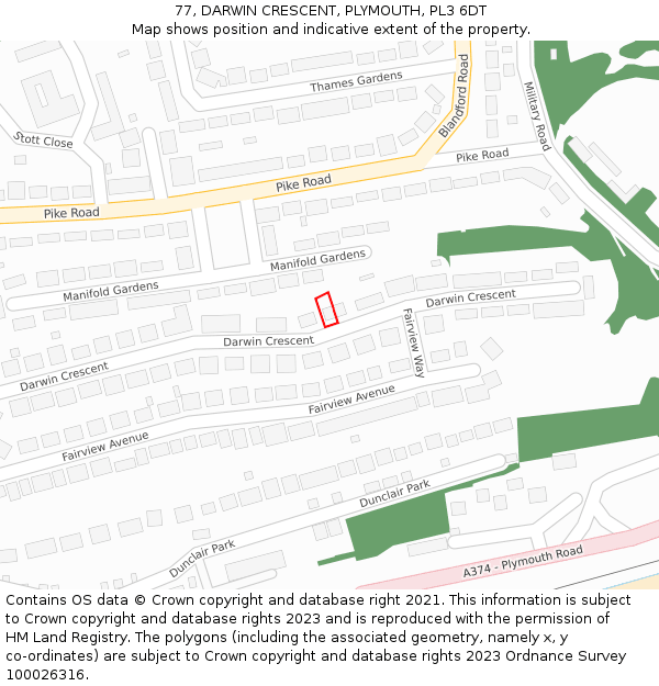 77, DARWIN CRESCENT, PLYMOUTH, PL3 6DT: Location map and indicative extent of plot