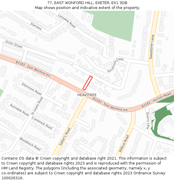 77, EAST WONFORD HILL, EXETER, EX1 3DB: Location map and indicative extent of plot