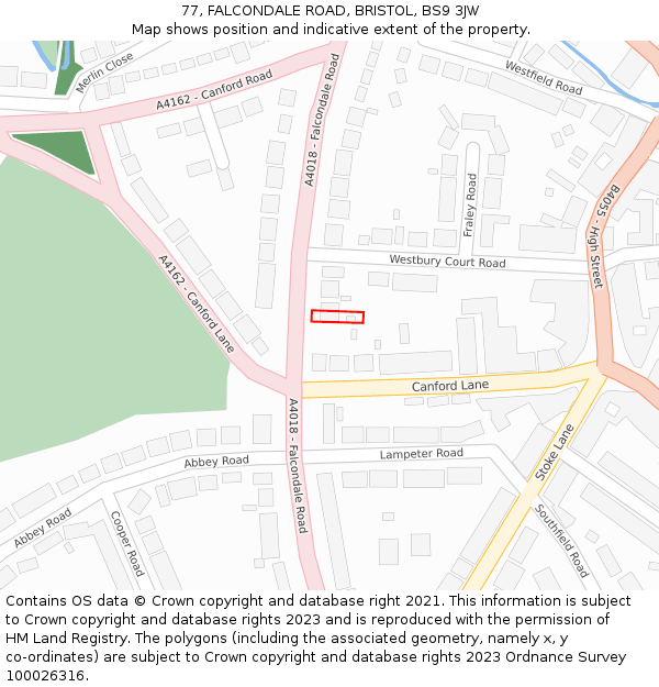 77, FALCONDALE ROAD, BRISTOL, BS9 3JW: Location map and indicative extent of plot
