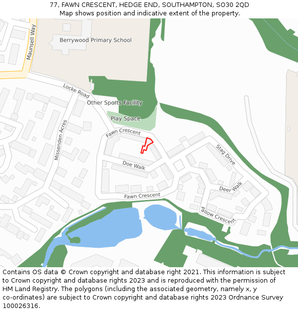 77, FAWN CRESCENT, HEDGE END, SOUTHAMPTON, SO30 2QD: Location map and indicative extent of plot