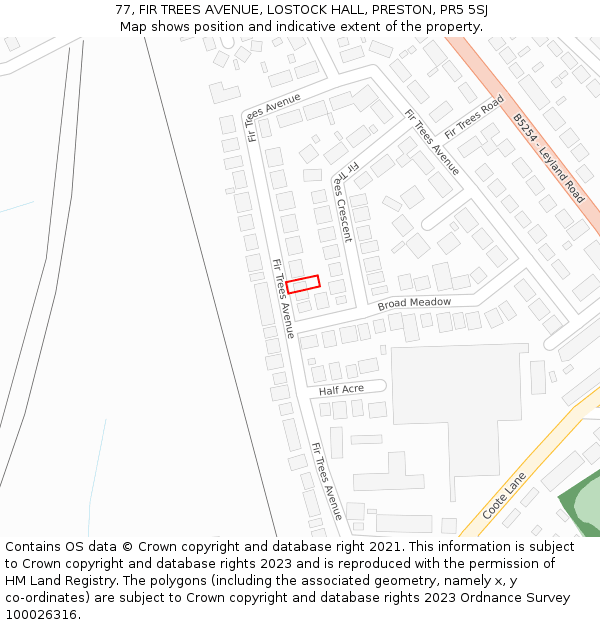 77, FIR TREES AVENUE, LOSTOCK HALL, PRESTON, PR5 5SJ: Location map and indicative extent of plot