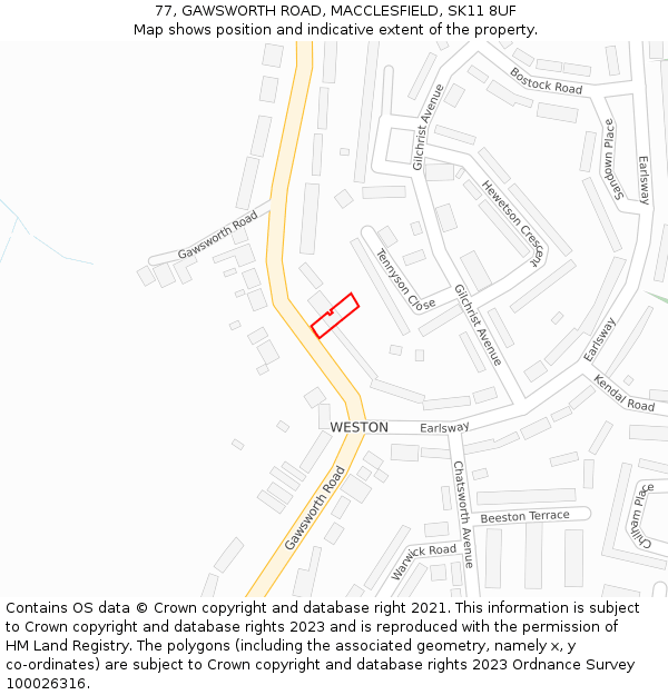 77, GAWSWORTH ROAD, MACCLESFIELD, SK11 8UF: Location map and indicative extent of plot