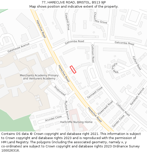 77, HARECLIVE ROAD, BRISTOL, BS13 9JP: Location map and indicative extent of plot
