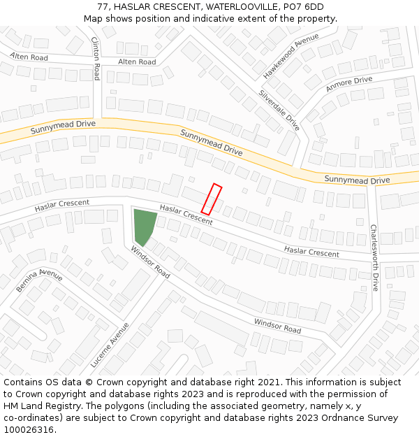 77, HASLAR CRESCENT, WATERLOOVILLE, PO7 6DD: Location map and indicative extent of plot