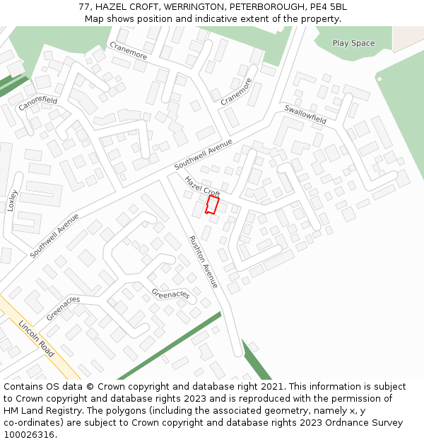77, HAZEL CROFT, WERRINGTON, PETERBOROUGH, PE4 5BL: Location map and indicative extent of plot