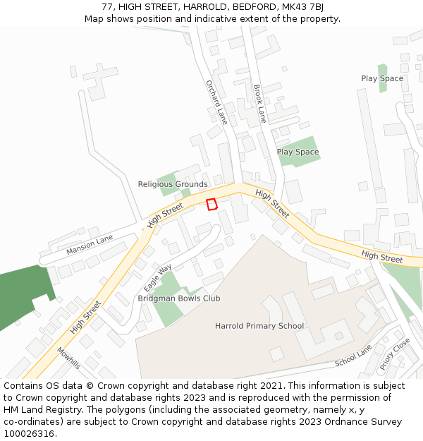 77, HIGH STREET, HARROLD, BEDFORD, MK43 7BJ: Location map and indicative extent of plot