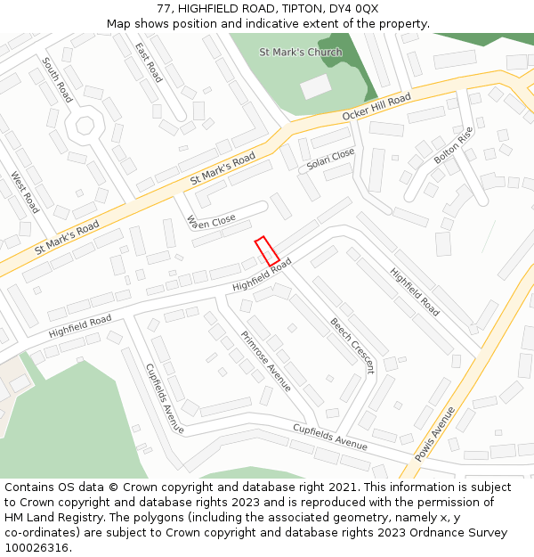 77, HIGHFIELD ROAD, TIPTON, DY4 0QX: Location map and indicative extent of plot