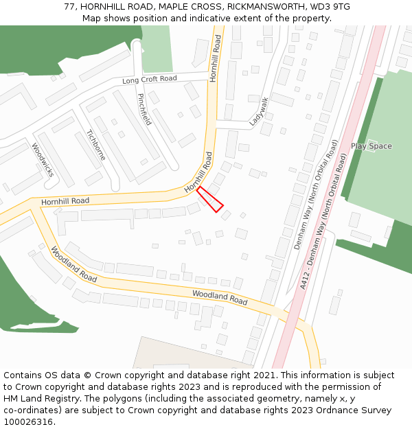 77, HORNHILL ROAD, MAPLE CROSS, RICKMANSWORTH, WD3 9TG: Location map and indicative extent of plot