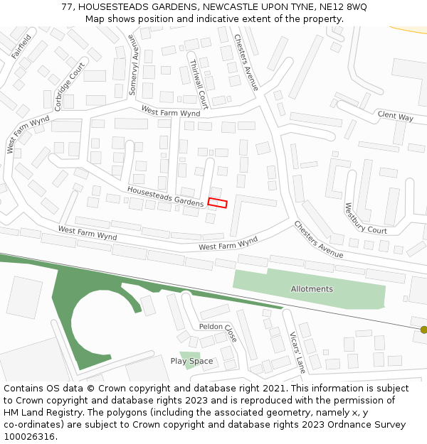 77, HOUSESTEADS GARDENS, NEWCASTLE UPON TYNE, NE12 8WQ: Location map and indicative extent of plot